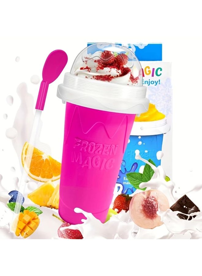 كوب عصير مجمد قابل للعصر بتجميد سريع مزدوج الطبقات مع غطاء وقشة باللون الوردي الأحمر - Image 1