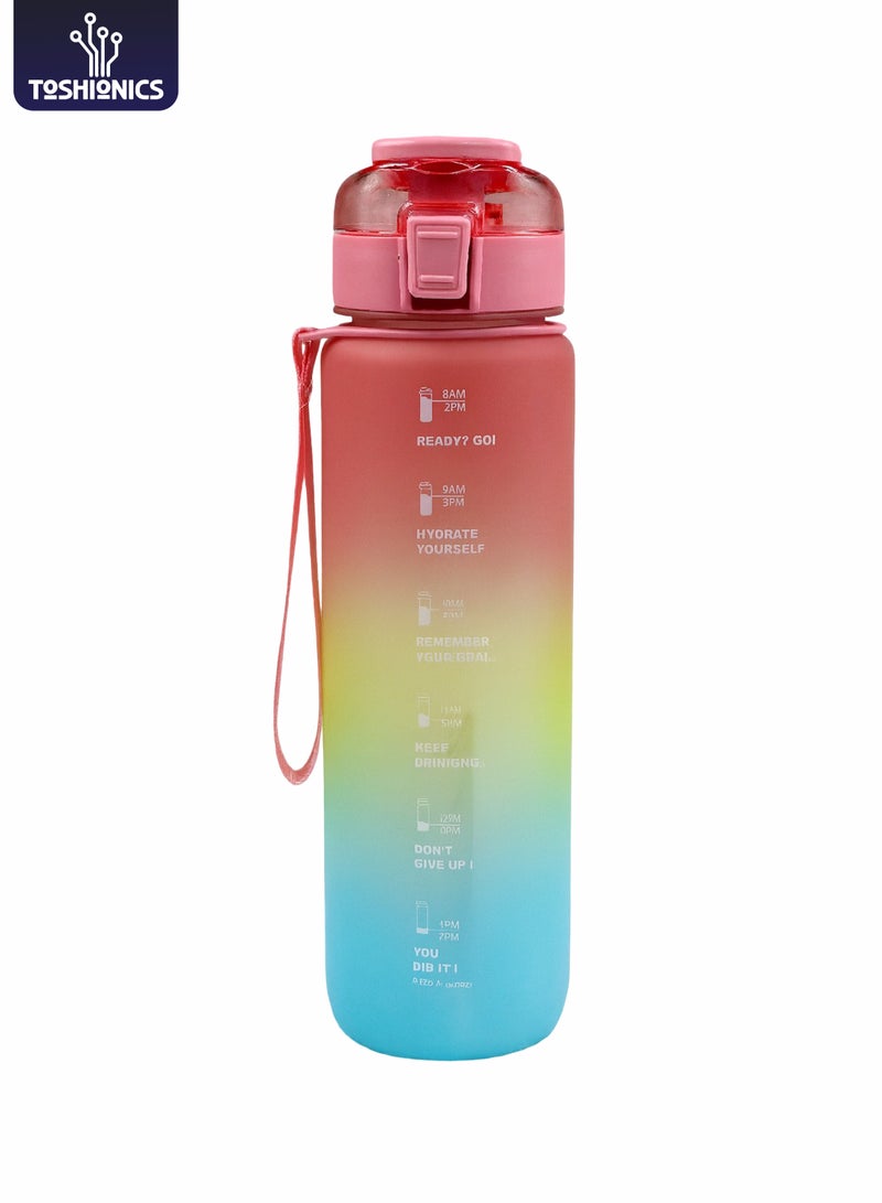 توشيونيكس زجاجة مياه رياضية تحفيزية سعة 1000 مل مع علامات زمنية، وغطاء يعمل بلمسة واحدة، وفوهة قلابة، وماصة مدمجة، وتصميم حزام حمل مزدوج وملصقات مجانية لطيفة - خالية من مادة BPA، وغطاء مانع للتسرب، وصديقة للبيئة، مصنوعة من البلاستيك، وقابلة لإعادة الاستخدام، وزجاجة مياه تذكيرية للشرب للبالغين والأطفال في المدرسة والمكتب والترطيب اليومي والصالة الرياضية واللياقة البدنية والأنشطة الخارجية والرياضة والسفر، زجاجة سعة 32 أونصة - Image 1