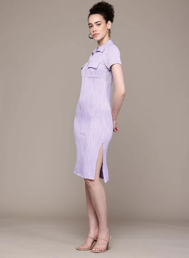 Freehand  Women Regular Fit Textured Polo Neck Short Sleeve Midi Dress for Women | Best Price UAE