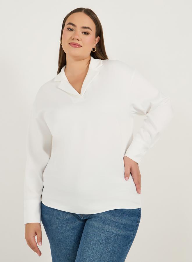 ستايلي بلوزة بمقاس كبير وياقة نوتش مع أكمام طويلة - Image 1