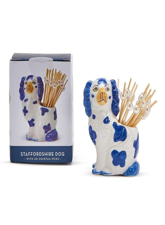 Two's Company Staffordshire Dog with 20 Picks in Gift Box, Blue and White, Ceramic/Bamboo - Image 1