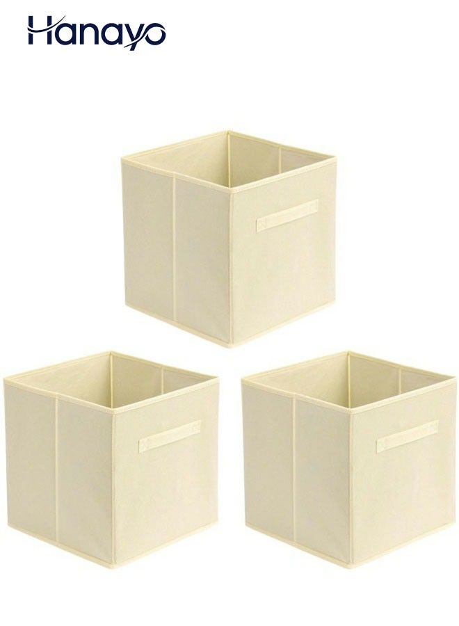 Hanayo 3 Pcs Storage Cubes Bins Collapsible Fabric Storage Bins with Handle Simple Cubical Storage Boxes for Clothes Toys Operators Cabinets Shelves (Beige) - Image 1