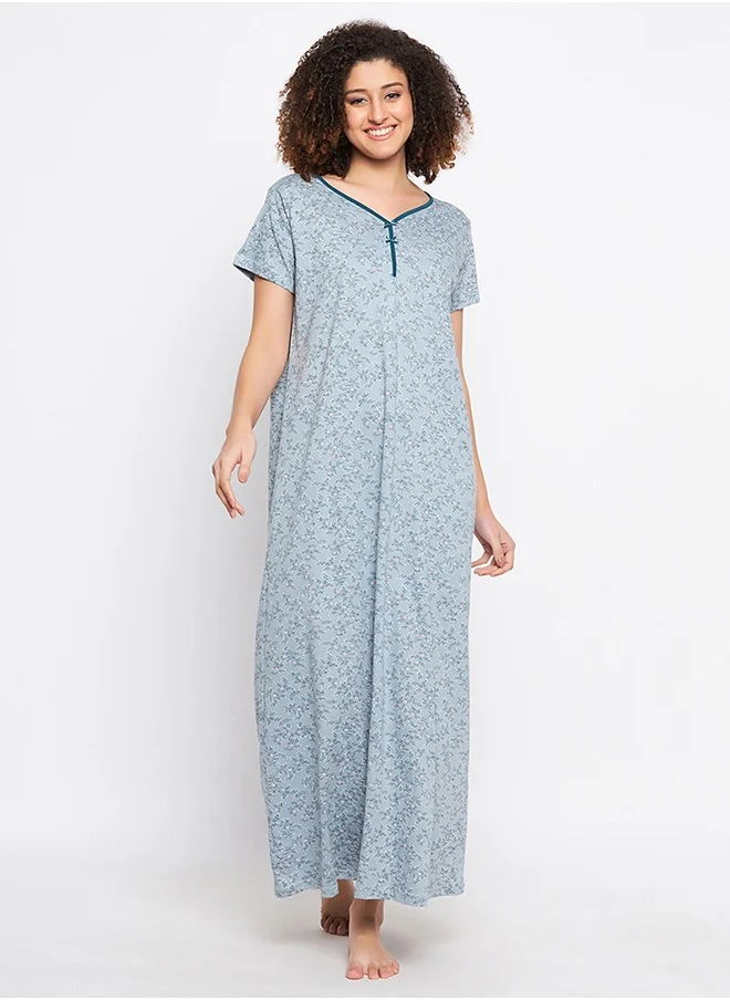 Clovia Clovia Pretty Florals Long Nighty in Light Blue - Cotton