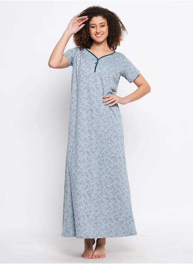 كلوفيا Clovia Pretty Florals Long Nighty in Light Blue - Cotton