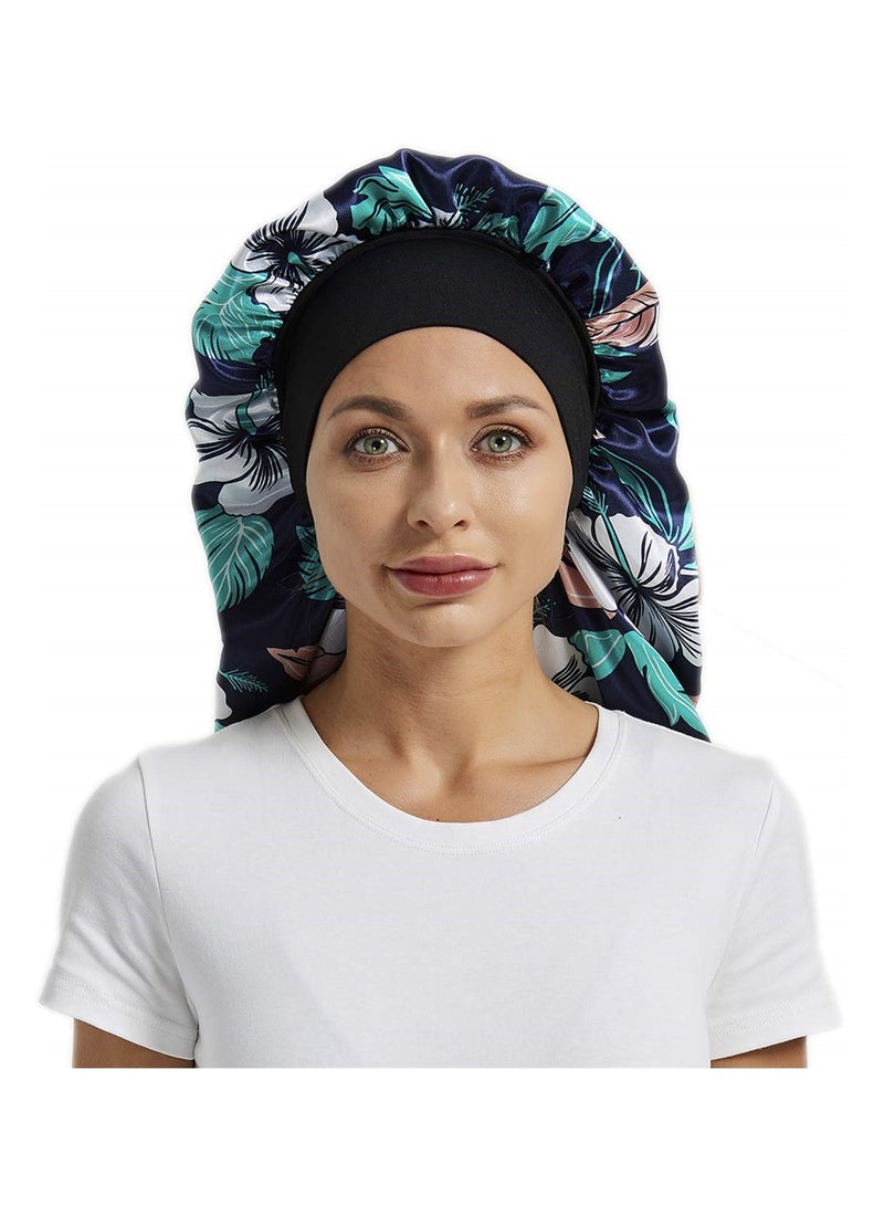 Long Satin Bonnet Sleep Cap Soft and Comfortable Elastic Band Bonnets for Women Night Sleep Hair Bonnets for Women Satin Long Hair Care Hat Night Cap 2 Pcs Black + Blue Leaves - Image 3