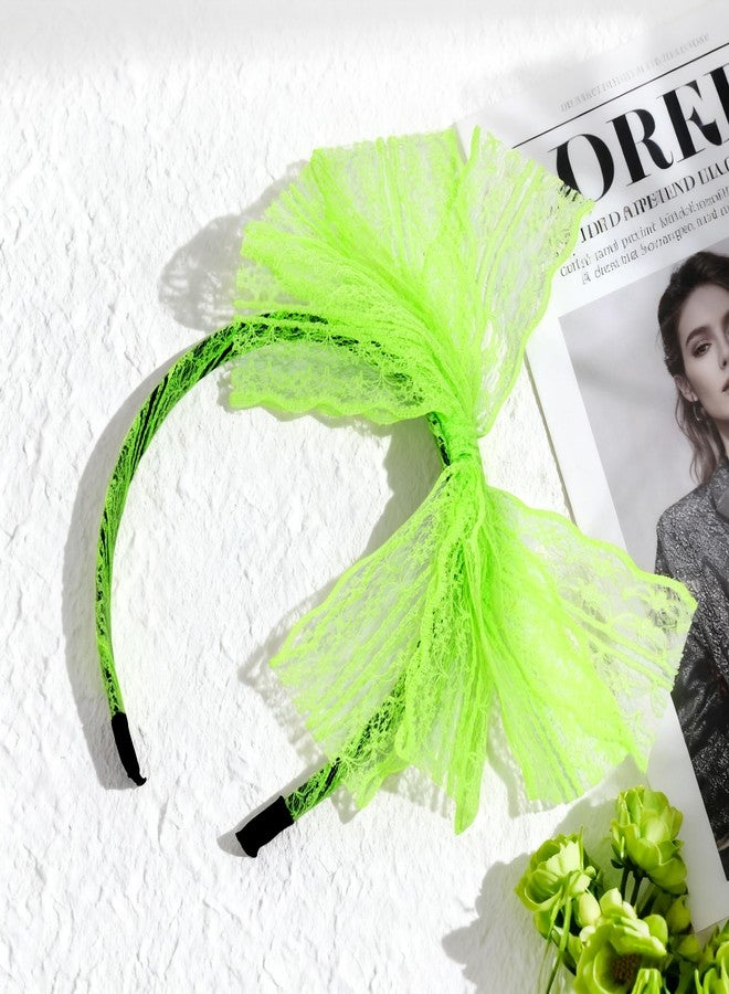 SUMERSHA Women Neon Lace Bow Headband 80s Costume Headwear Lace Bow Hair Accessory for 1980s Theme Party Halloween Hair Hoop (Neon Green) - Image 4