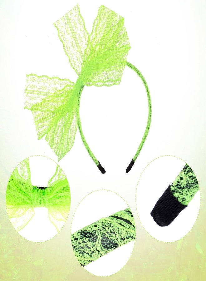 SUMERSHA Women Neon Lace Bow Headband 80s Costume Headwear Lace Bow Hair Accessory for 1980s Theme Party Halloween Hair Hoop (Neon Green) - Image 3