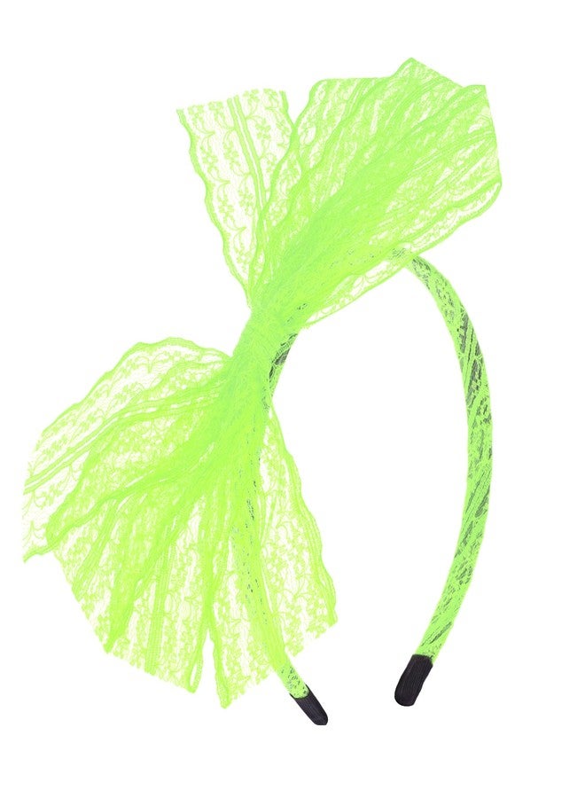 SUMERSHA Women Neon Lace Bow Headband 80s Costume Headwear Lace Bow Hair Accessory for 1980s Theme Party Halloween Hair Hoop (Neon Green) - Image 1