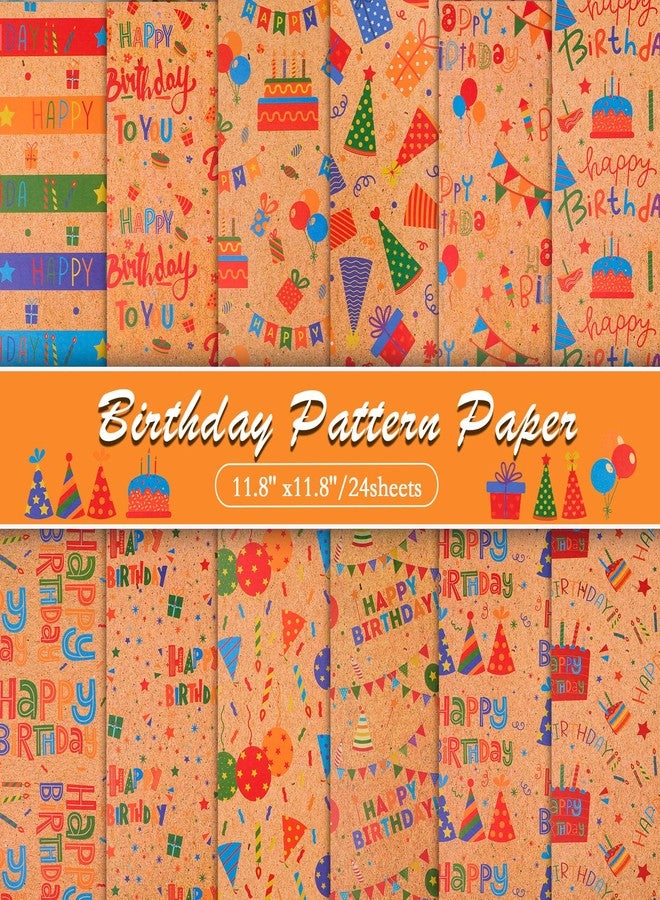Konsait 24 Sheets Happy Birthday Scrapbook Paper 12x12, Kraft Color Printed Cardstock Birthday Origami Paper Double Sided Cardstock for Greeting Card Making Scrapbook Supplies - Image 1