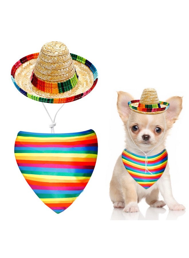 Onukaly Dog Sombrero Hat and Dog Triangle Scarf Bib, Multicolored Sombrero Costume Rainbow Mouth Towel for Small Pets Mexican Party Decorations - Image 1