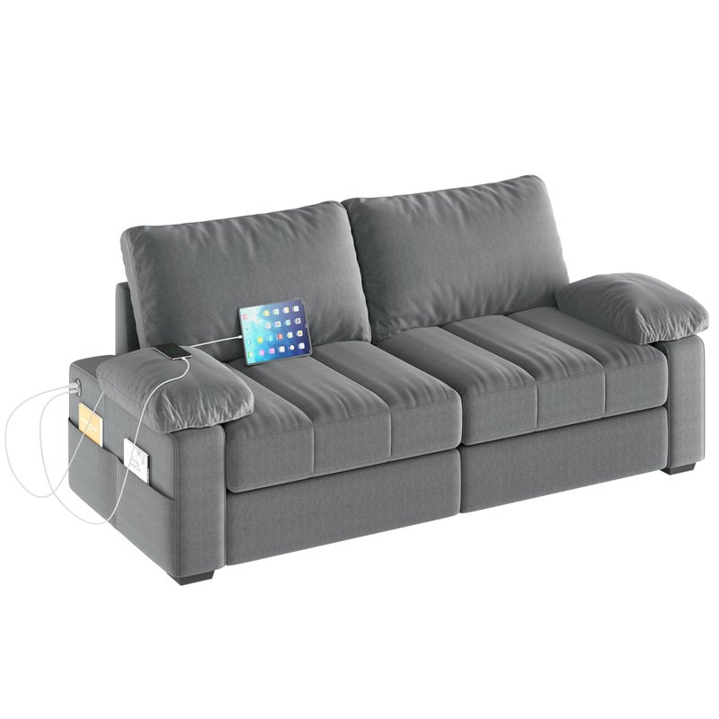 Yaheetech 79 Velvet Futon Sofa with Storage Pockets USB Ports Removable Armrest Pillow Cover Modern Comfy Loveseat Couch for Living Room Apartment Bedroom Gray