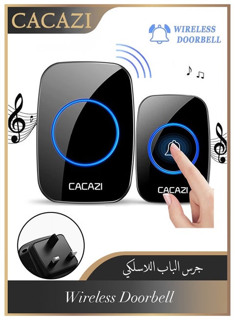 Waterproof Wireless Doorbell with UK Plug, LED Flash, Over 1000 Feet Range, 60 Sounds and 5 Levels of Volume, Cordless Doorbell for Home, Office, Apartment, Hotel, Warehouse and Anti-Theft, Black