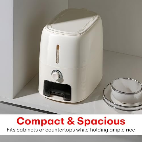 Prime Pick Grain Smart Rice Storage Container One Touch Dispensing Airtight Moisture Proof BPA Free Kitchen Grain Dispenser with Measuring Cup Durable Countertop Food Storage Box White 10 Kg - Image 5