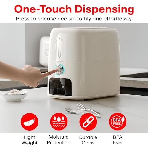 Prime Pick Grain Smart Rice Storage Container One Touch Dispensing Airtight Moisture Proof BPA Free Kitchen Grain Dispenser with Measuring Cup Durable Countertop Food Storage Box White 10 Kg - Image 4