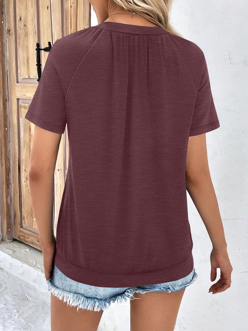 AUTOMET Womens Tops Short Sleeve V Neck T Shirts 2026 Spring Summer Beach Vacation Clothes Casual Loose Ruched Top WineRed 2XL - Image 5