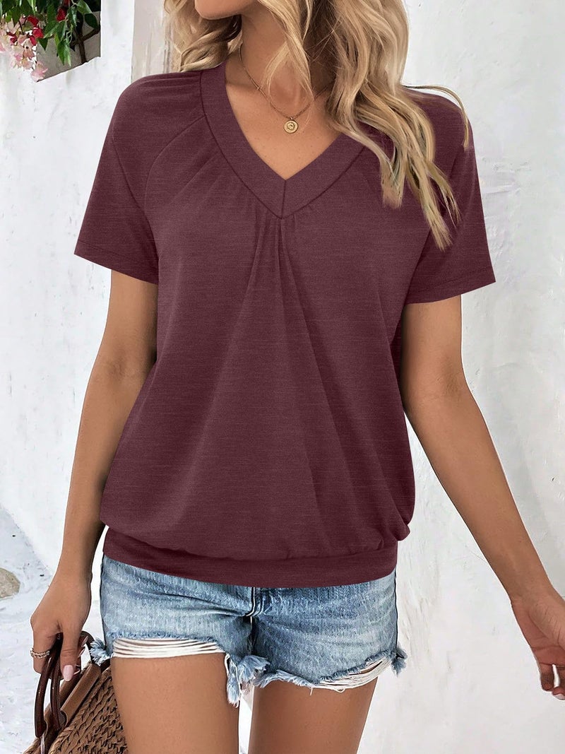 AUTOMET Womens Tops Short Sleeve V Neck T Shirts 2026 Spring Summer Beach Vacation Clothes Casual Loose Ruched Top WineRed 2XL - Image 2
