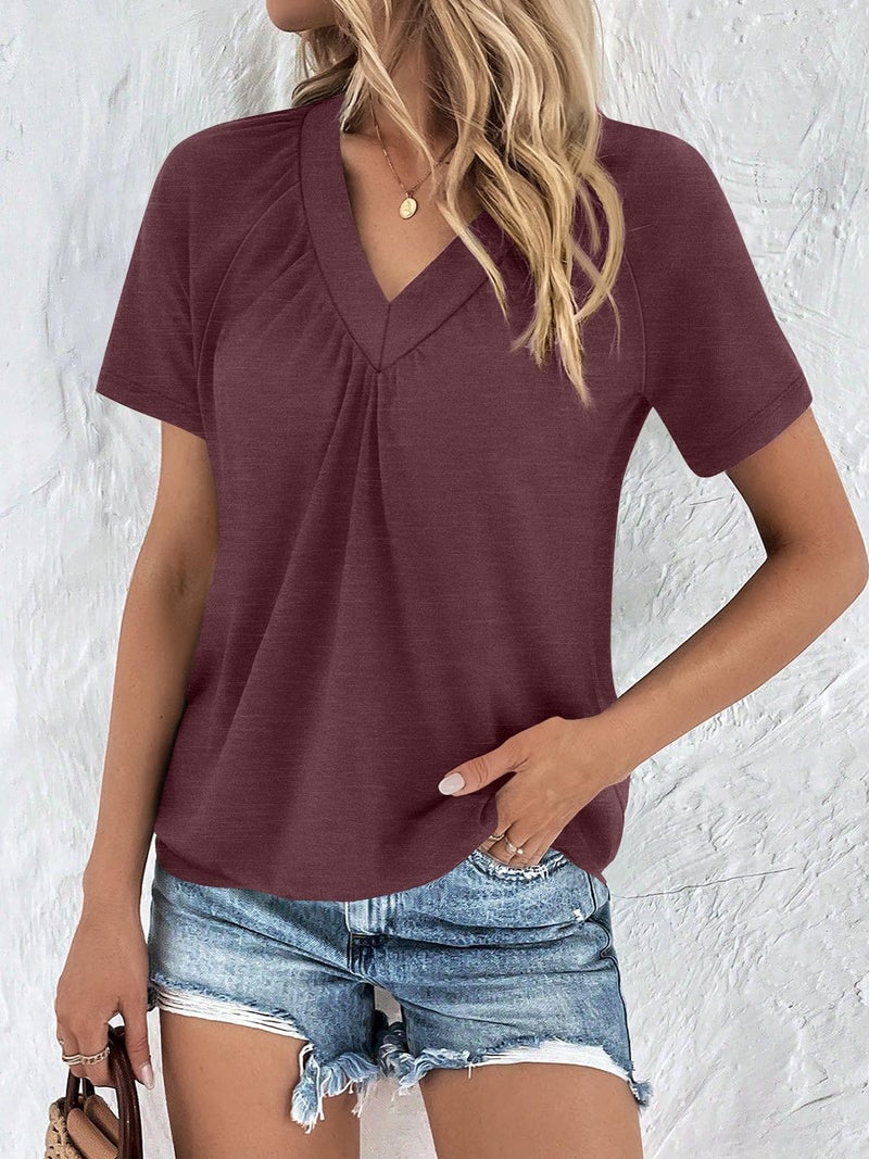 AUTOMET Womens Tops Short Sleeve V Neck T Shirts 2026 Spring Summer Beach Vacation Clothes Casual Loose Ruched Top WineRed 2XL - Image 4