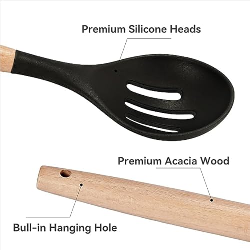SHUNIKING Non-Stick Silicone Cooking Utensils Set, 5 Pcs with Wooden Handle, Heat Resistant Silicone Kitchen Gadgets (Black) - Image 4