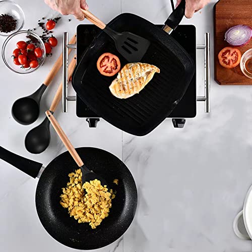 SHUNIKING Non-Stick Silicone Cooking Utensils Set, 5 Pcs with Wooden Handle, Heat Resistant Silicone Kitchen Gadgets (Black) - Image 2