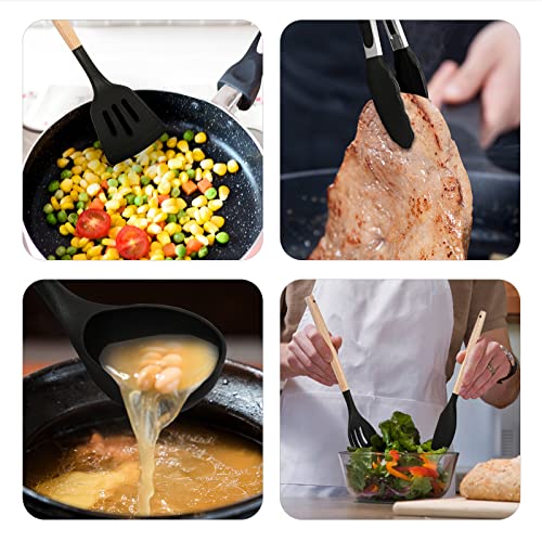 SHUNIKING Non-Stick Silicone Cooking Utensils Set, 5 Pcs with Wooden Handle, Heat Resistant Silicone Kitchen Gadgets (Black) - Image 5
