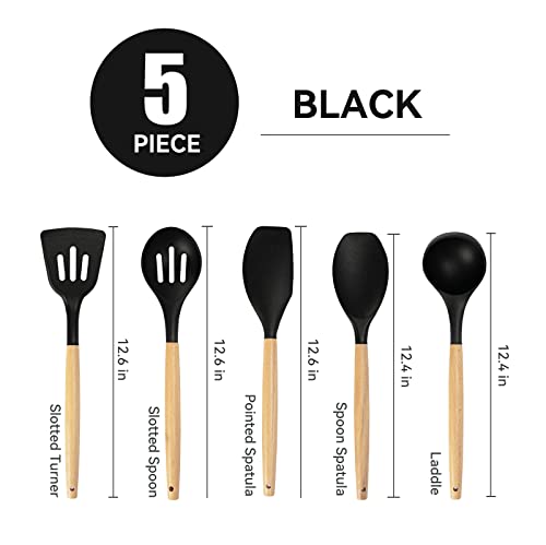 SHUNIKING Non-Stick Silicone Cooking Utensils Set, 5 Pcs with Wooden Handle, Heat Resistant Silicone Kitchen Gadgets (Black) - Image 3