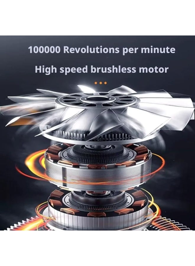 منفاخ هواء توربو لاسلكي X9 Ultra، مزود بمحرك عالي السرعة بدون فرش (Brushless) يصل إلى 100,000 دورة في الدقيقة و6 مستويات سرعة قابلة للتعديل؛ جهاز كهربائي قابل لإعادة الشحن لتنظيف السيارات وأجهزة الكمبيوتر والإلكترونيات ولوحات المفاتيح، ومناسب للاستخدام في التخييم والمنزل، مع شاشة LED لمستوى البطارية. - Image 5