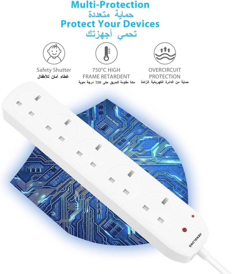 3m Extension Cord Power Strip, 5 Way Extension Socket, 5 AC Outlets 3 Meter Cable Power Strip Surge Protctor, Multi Plugs Heavy Duty SASO Certificated Electric Connector Extension Cord (13A/2990W) - Image 3