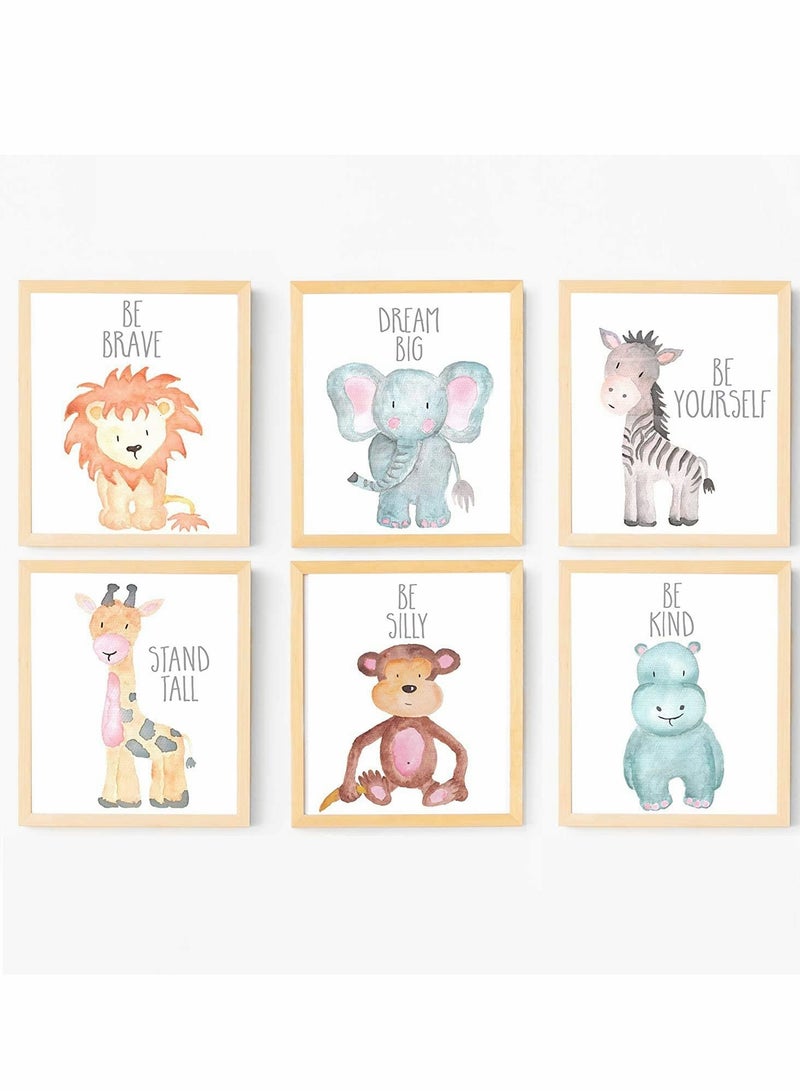 KASTWAVE Wall Decor, Jungle Safari Animal Unframed, Woodland Animals Art Print Adorable Lion Elephant Giraffe Monkey Zebra Hippo Paintings, Set of 6（21cm x 30cm) Kids Room  - Image 2