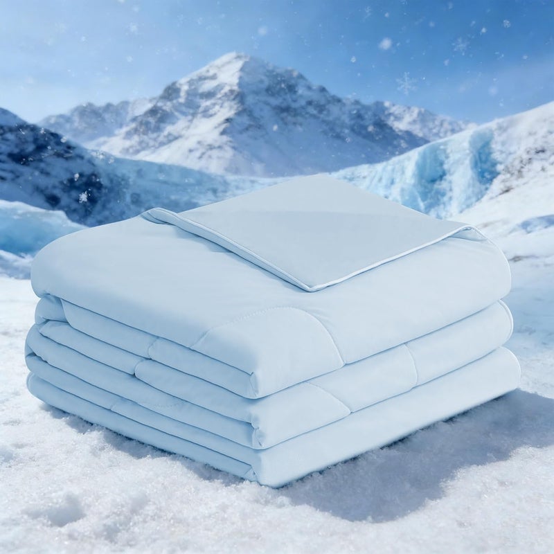 BEAUTEX بطانية مريحة مبردة لمن يعانون من الحرارة أثناء النوم والتعرق الليلي - Q-Max>0.4 تقنية الجليد ذات الوجهين مع قماش بملمس بارد، ملابس نوم تنفسية لجميع المواسم تمتص حرارة الجسم، للاستخدام في الصيف بحجم كوين باللون الأزرق - Image 1