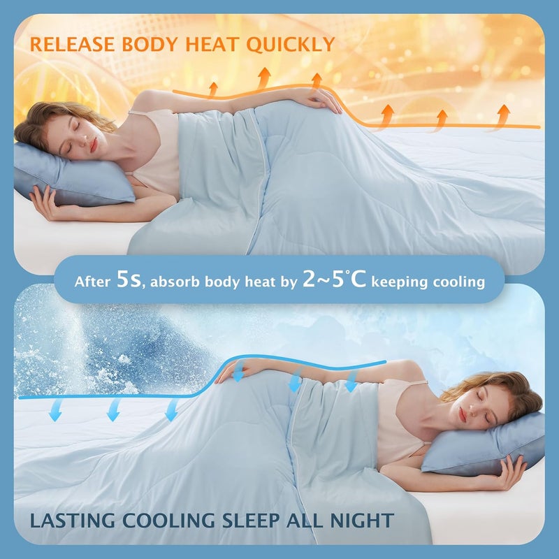 BEAUTEX بطانية مريحة مبردة لمن يعانون من الحرارة أثناء النوم والتعرق الليلي - Q-Max>0.4 تقنية الجليد ذات الوجهين مع قماش بملمس بارد، ملابس نوم تنفسية لجميع المواسم تمتص حرارة الجسم، للاستخدام في الصيف بحجم كوين باللون الأزرق - Image 5
