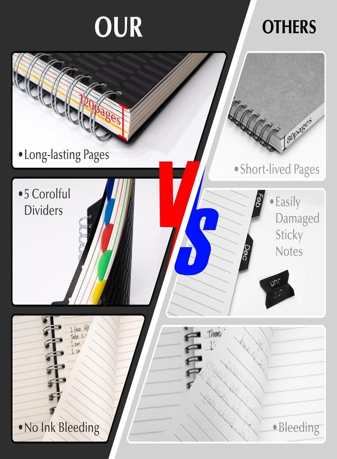 CAGIE 5 Subject Notebook with Dividers, 240 Pages Spiral Notebook 5x7, Small Spiral Notebook College Ruled,100gsm Lined Journal Notebooks with Tabs for Work, School,Office, Note Taking, Black - Image 3