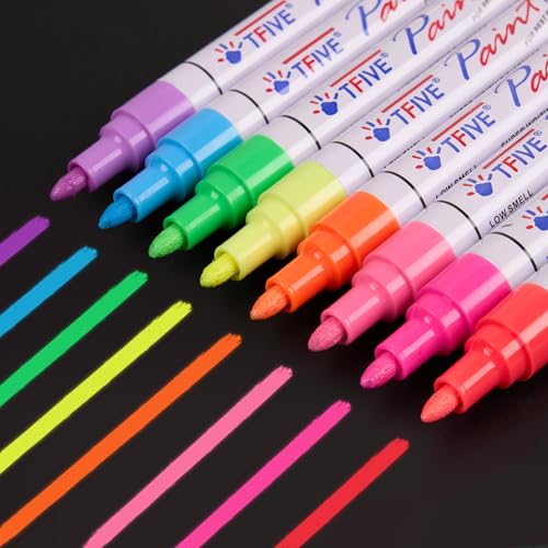 TFIVE Fluorescent Paint Markers, 8 Colors Neon UV Paint Pens for Blacklight - Oil-Based, Medium Tip, Waterproof Permanent Marker Pens for Rock Painting, DIY Art Crafts, Scrapbooking, Glass Windows - Image 2