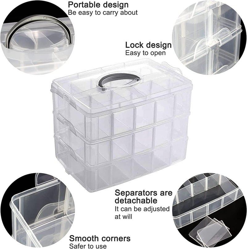 RECLUSE Transparent 3layer Stackable Craft Storage Containers Plastic Craft Box Organizer With 30 Adjustable Compartments Handles Portable Beads Organizers for Arts Crafts ToyJewellerytools - Image 5