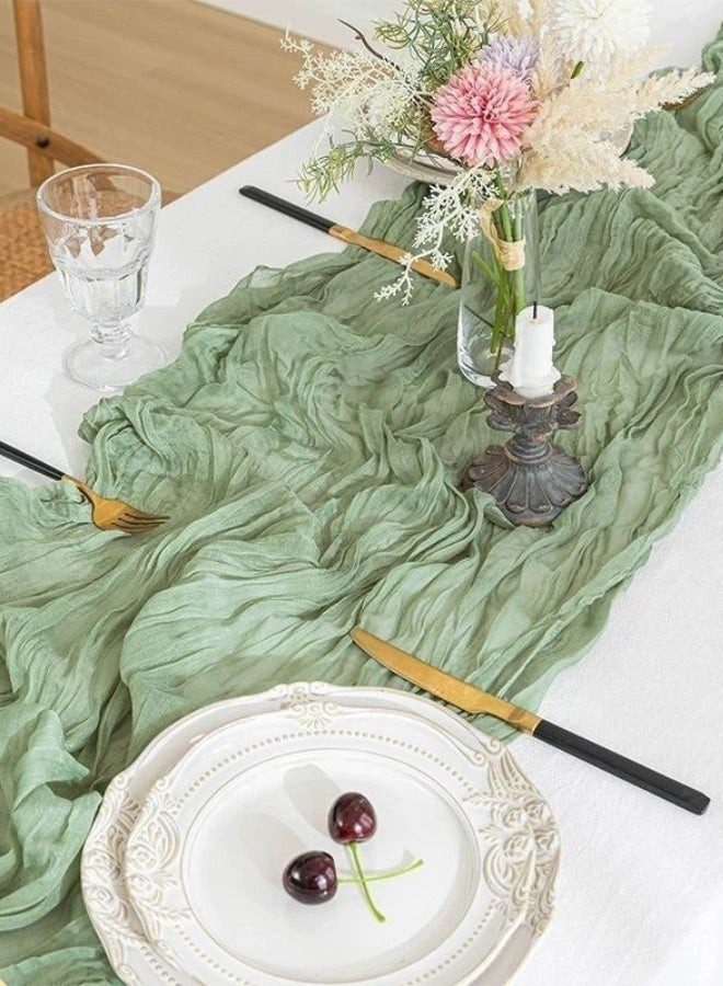 مفرش طاولة من قماش الشاش (Cheesecloth) بمقاس 300 × 90 سم، تصميم بوهيمي ريفي شبه شفاف، مناسب لحفلات الزفاف، حفلات استقبال المواليد، حفلات توديع العزوبية (Bridal Shower)، تزيين طاولات المنزل، أعياد الميلاد، لون أخضر - Image 2
