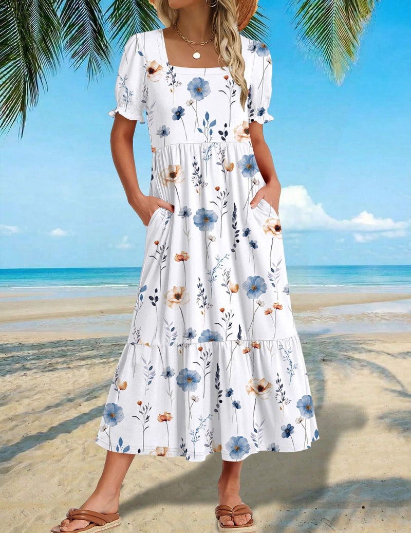 Zeagoo Casual Tiered Dresses for Womens 2026 Petite Dresses Floral Midi Dress Womens Square Neck Sundresses with Pockets Short Sleeve A Line Dress S - Image 2