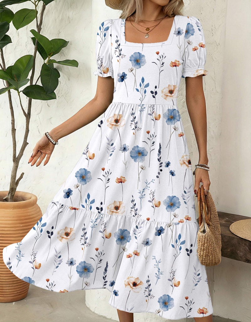Zeagoo Casual Tiered Dresses for Womens 2026 Petite Dresses Floral Midi Dress Womens Square Neck Sundresses with Pockets Short Sleeve A Line Dress S - Image 3