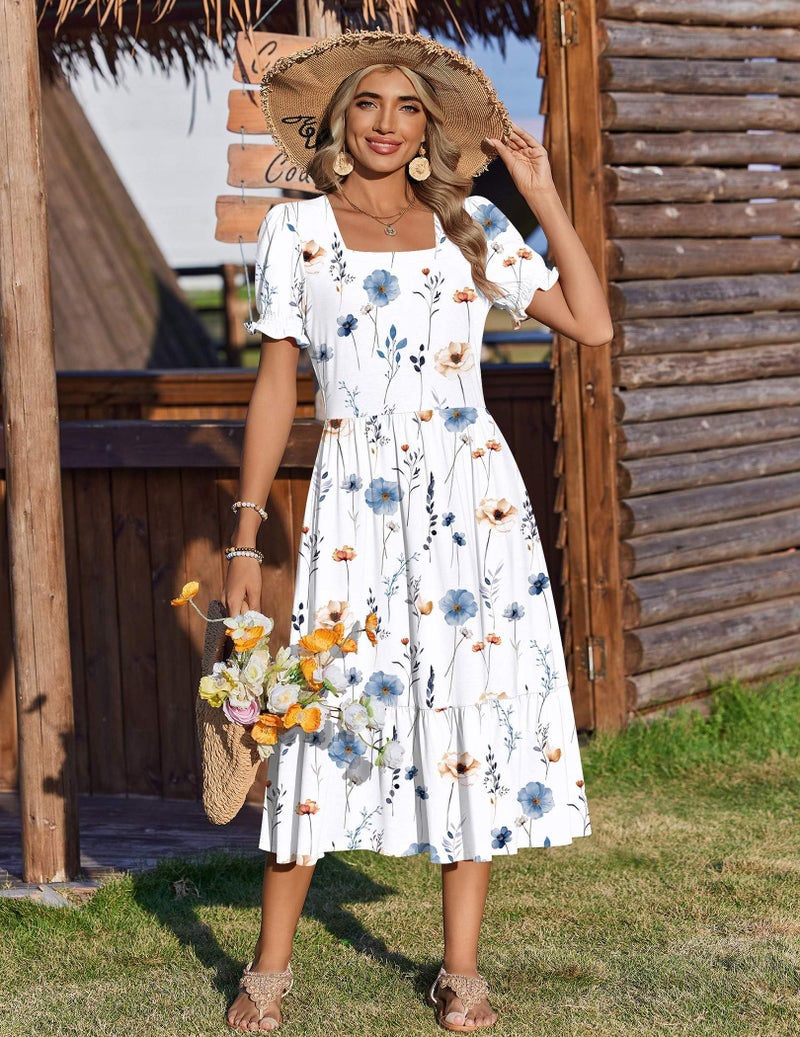 Zeagoo Casual Tiered Dresses for Womens 2026 Petite Dresses Floral Midi Dress Womens Square Neck Sundresses with Pockets Short Sleeve A Line Dress S - Image 4