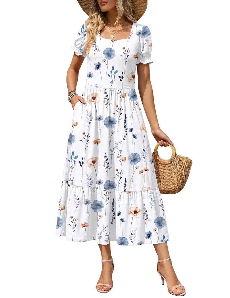 Zeagoo Casual Tiered Dresses for Womens 2026 Petite Dresses Floral Midi Dress Womens Square Neck Sundresses with Pockets Short Sleeve A Line Dress S - Image 1