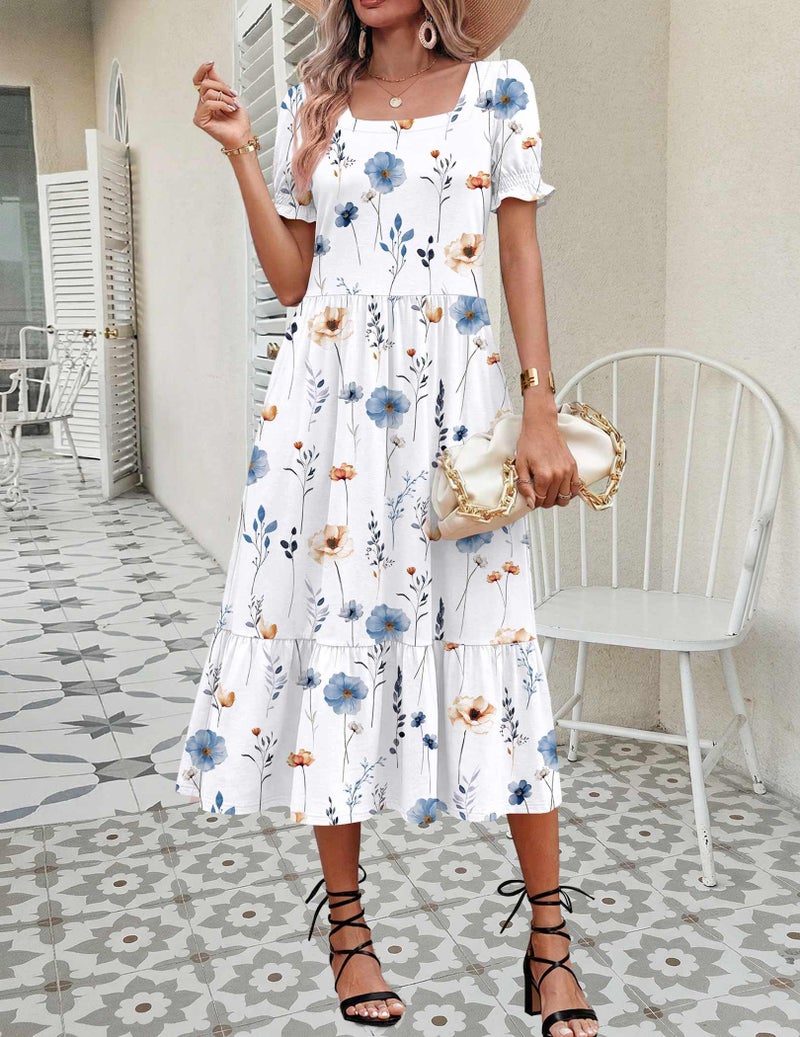 Zeagoo Casual Tiered Dresses for Womens 2026 Petite Dresses Floral Midi Dress Womens Square Neck Sundresses with Pockets Short Sleeve A Line Dress S - Image 5