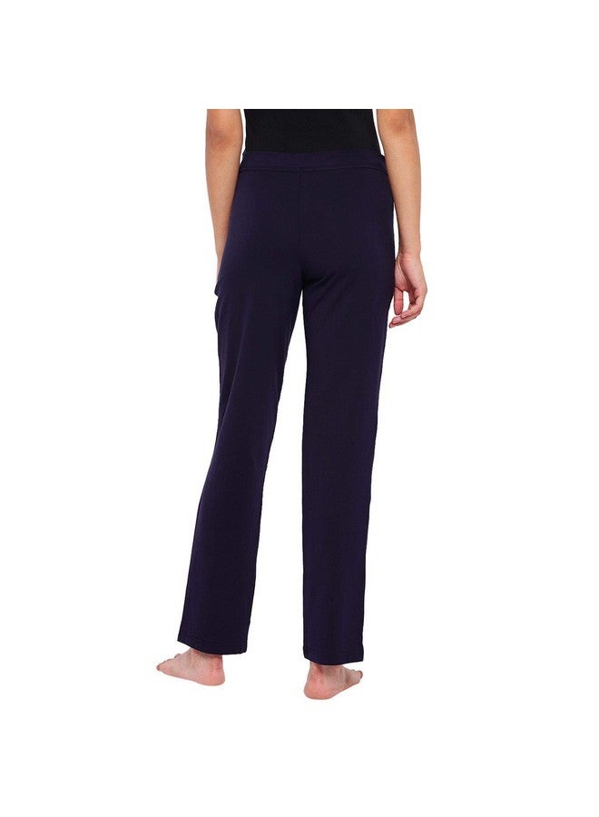 Enamor Essentials Womens Mid Rise Slim Fit Straight Leg Breathable Stretch Cotton Lounge Pants with Drawstring and Invisible Zipper Pockets- E014-(E014_Navy_L)-L - Image 4