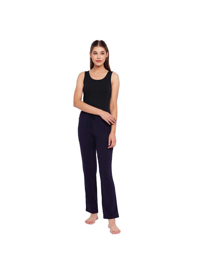 Enamor Essentials Womens Mid Rise Slim Fit Straight Leg Breathable Stretch Cotton Lounge Pants with Drawstring and Invisible Zipper Pockets- E014-(E014_Navy_L)-L - Image 5