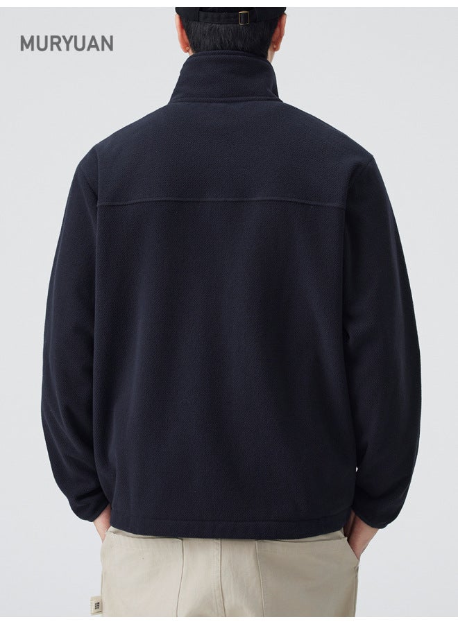 American Retro Cardigan Stand Collar Jacket Hoodie Men's Versatile Solid Color Simple Sport Top - Image 4