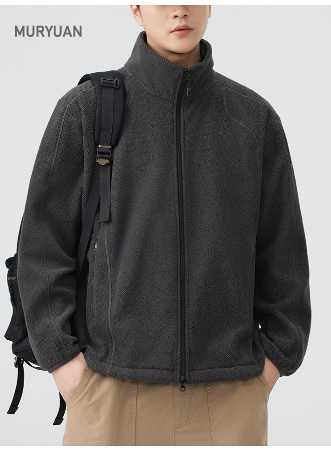 American Retro Cardigan Stand Collar Jacket Hoodie Men's Versatile Solid Color Simple Sport Top - Image 1