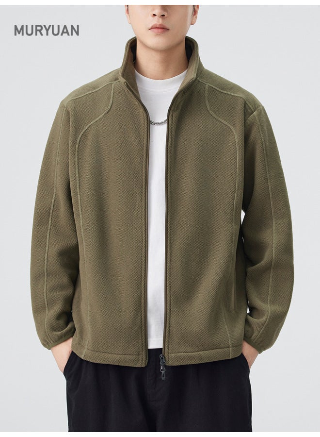 American Retro Cardigan Stand Collar Jacket Hoodie Men's Versatile Solid Color Simple Sport Top - Image 2