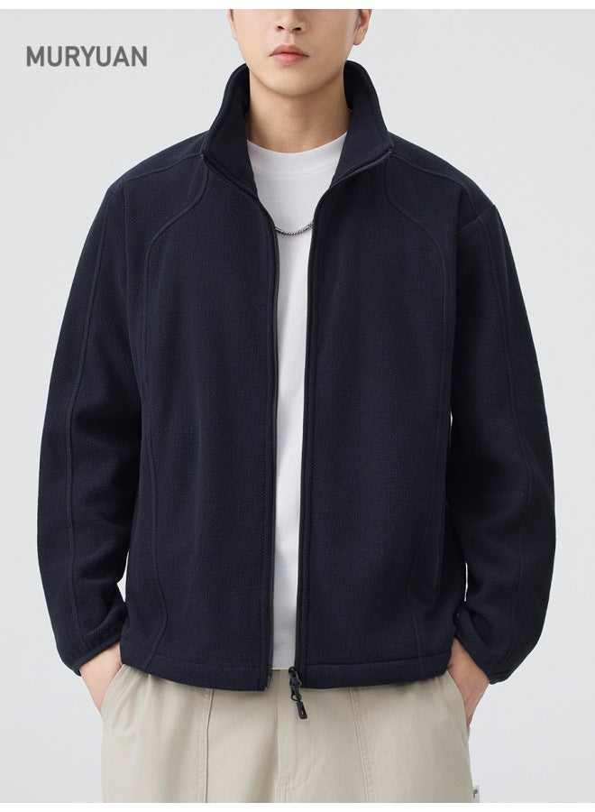 American Retro Cardigan Stand Collar Jacket Hoodie Men's Versatile Solid Color Simple Sport Top - Image 3