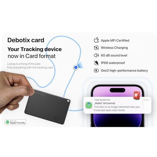 DEBOTIX Wallet Tracker Card, Rechargable, Works with Apple Find My, iPhone (iOS Only), Bluetooth Item Locator for Luggage, Bags, Passport, IP68 Waterproof (1 Pack) - Image 2