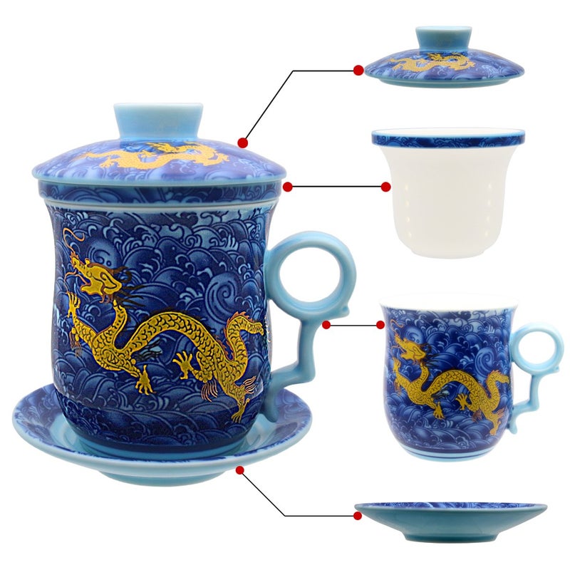 Tea Talent Porcelain Tea Cup with Infuser Lid and Saucer Sets Chinese Jingdezhen Ceramics Coffee Mug Teacup Loose Leaf Tea Brewing System for Home Office