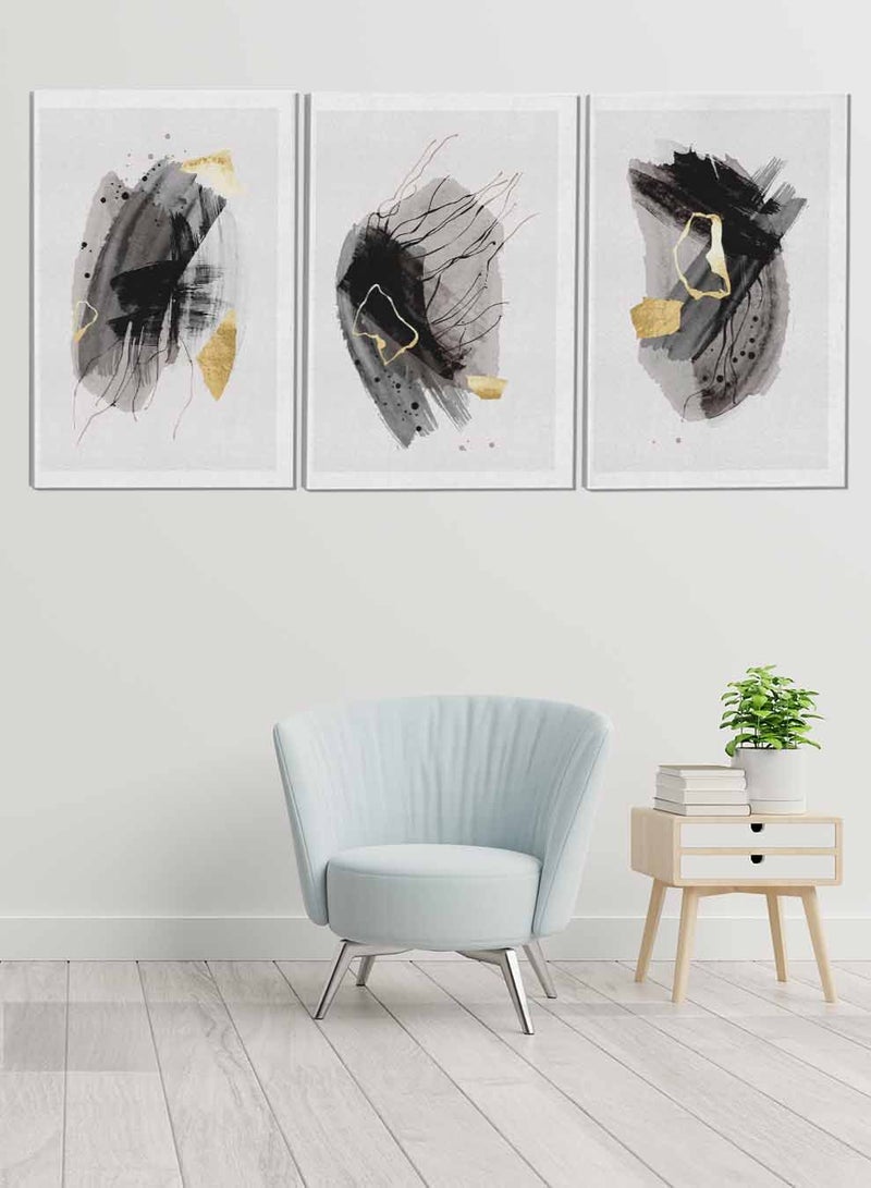 لوحة طقم من ٣ لوحات كانفاس على إطار خشبي تصميم خطوط تجريدية داكنة للمنزل غرفة المعيشة المكتب الديكور - Image 1