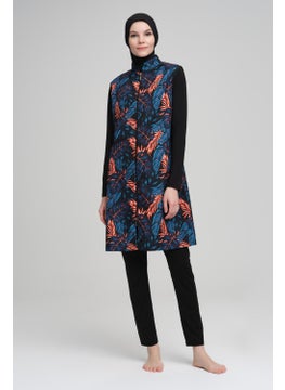 Nehar Orange Blue Leaf Patterned Black Vest 3 Piece Hijab Swimsuit Set 2208  - Image 1