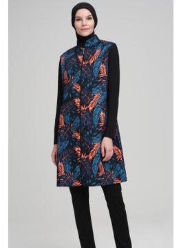 Nehar Orange Blue Leaf Patterned Black Vest 3 Piece Hijab Swimsuit Set 2208  - Image 2